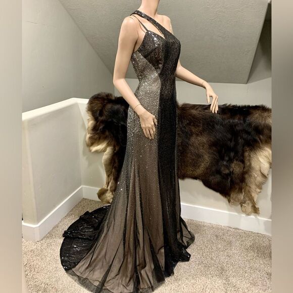 Black Sequins & Beads One Shoulder Evening Dress, Stunning Black Evening Gown - Picture 8 of 14